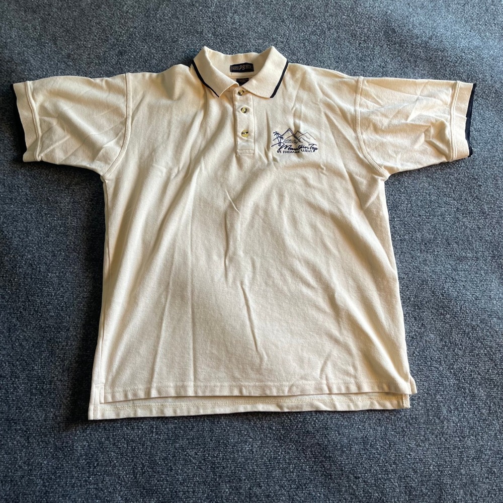 Pacific Blue Mens Cream St Thomas USVI Mountain Top Embroidered Polo Shirt‎ L